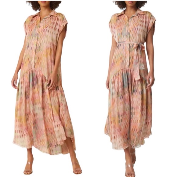 ⭐️Misa Los Angeles Laura Drop Waist Shirtdress Poly Chiffon Multicolor - Picture 1 of 9